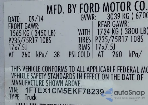 2014 Ford F-150 Xl z USA, uszkodzony, nr VIN 1FTEX1CM5EKF78239